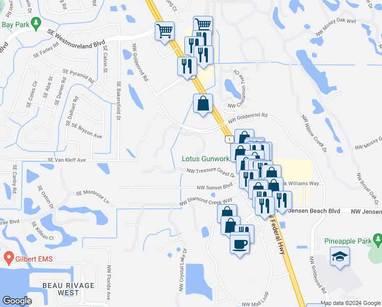 map of restaurants, bars, coffee shops, grocery stores, and more near 3632 Northwest Adriatic Lane in Jensen Beach