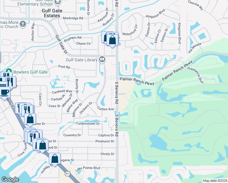 map of restaurants, bars, coffee shops, grocery stores, and more near 7275 Cloister Drive in Sarasota