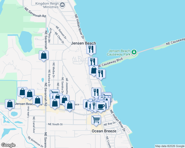 map of restaurants, bars, coffee shops, grocery stores, and more near 1821 Northeast Mango Terrace in Jensen Beach