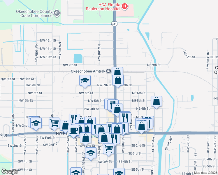 map of restaurants, bars, coffee shops, grocery stores, and more near 111 Northwest 6th Street in Okeechobee