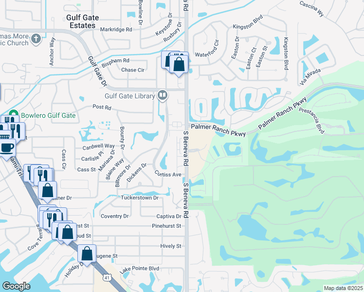 map of restaurants, bars, coffee shops, grocery stores, and more near 7301 Cloister Drive in Sarasota