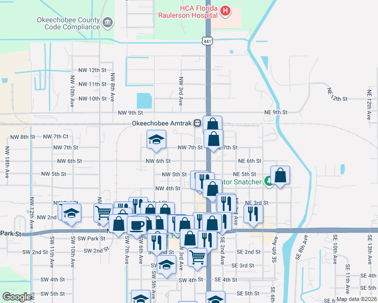 map of restaurants, bars, coffee shops, grocery stores, and more near 210 Northwest 6th Street in Okeechobee