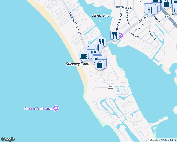 map of restaurants, bars, coffee shops, grocery stores, and more near 6500 Midnight Pass Road in Sarasota