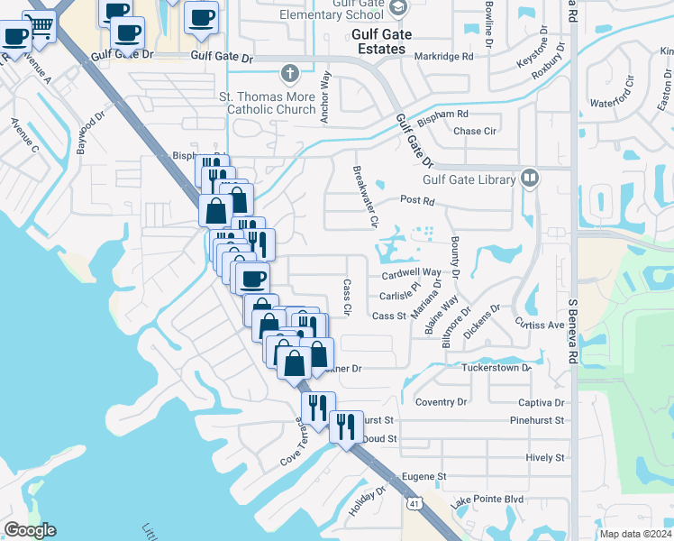 map of restaurants, bars, coffee shops, grocery stores, and more near 2159 Cass Street in Sarasota