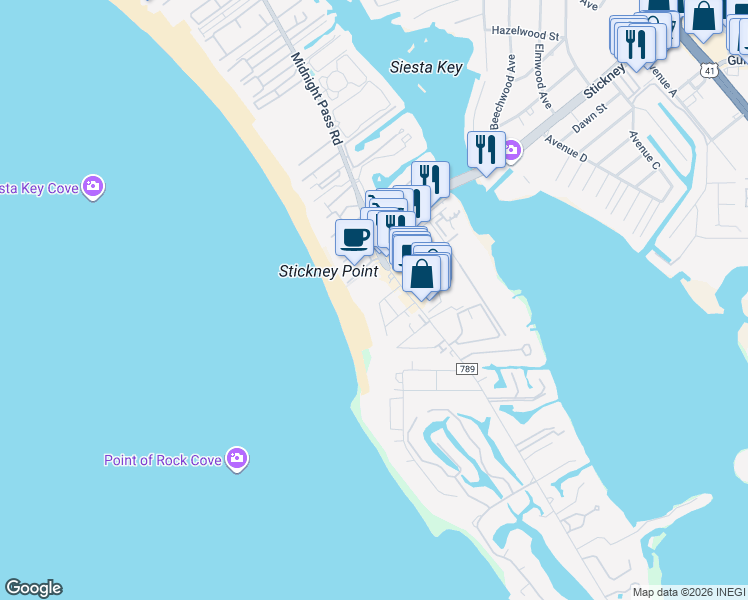map of restaurants, bars, coffee shops, grocery stores, and more near 6500 Midnight Pass Road in Sarasota