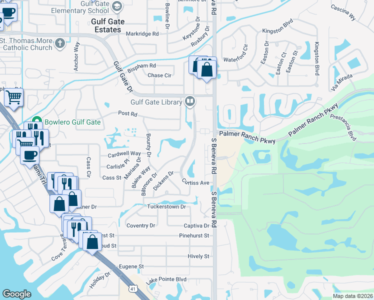map of restaurants, bars, coffee shops, grocery stores, and more near 7316 Curtiss Avenue in Sarasota