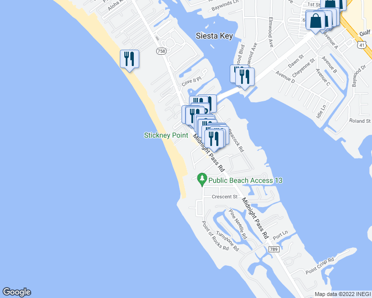 map of restaurants, bars, coffee shops, grocery stores, and more near 6500 Midnight Pass Road in Sarasota