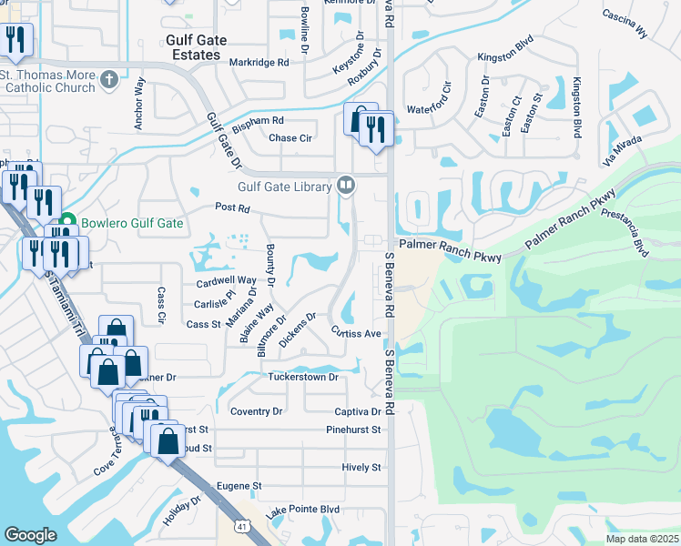 map of restaurants, bars, coffee shops, grocery stores, and more near 7316 Curtiss Avenue in Sarasota