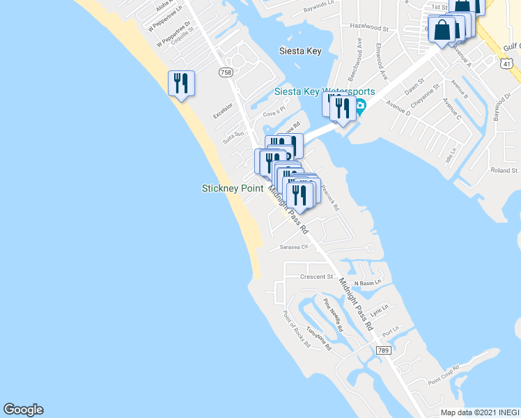 map of restaurants, bars, coffee shops, grocery stores, and more near 6500 Midnight Pass Road in Sarasota