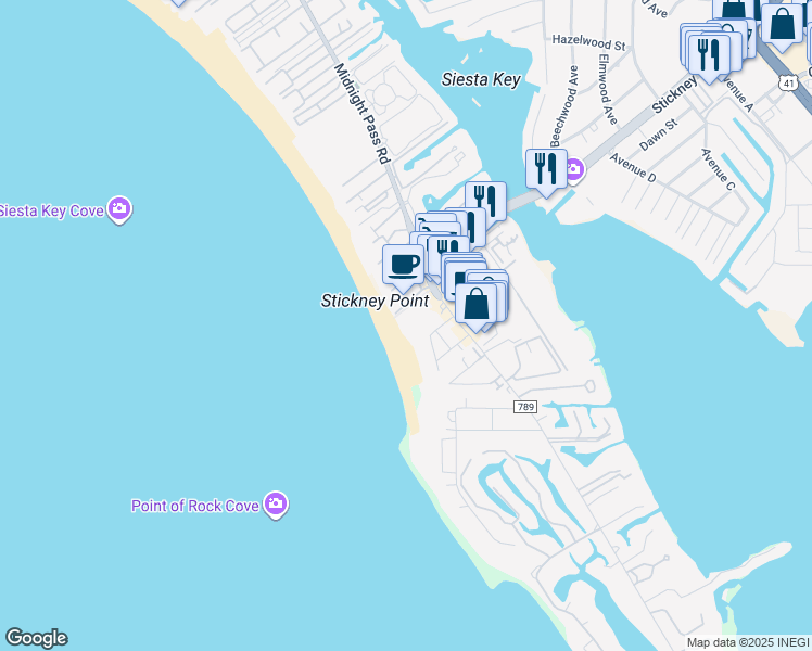 map of restaurants, bars, coffee shops, grocery stores, and more near 6500 Midnight Pass Road in Sarasota