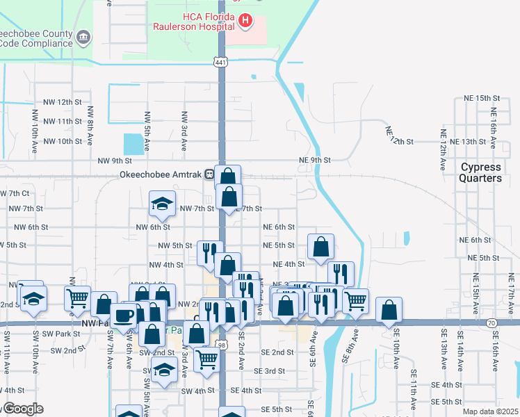 map of restaurants, bars, coffee shops, grocery stores, and more near Northeast 7th Street in Okeechobee