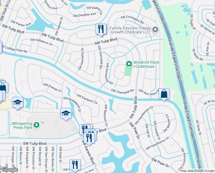 map of restaurants, bars, coffee shops, grocery stores, and more near 382 Southwest Kentwood Road in Port St. Lucie