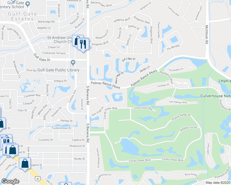 map of restaurants, bars, coffee shops, grocery stores, and more near 3631 Muirfield Drive in Sarasota