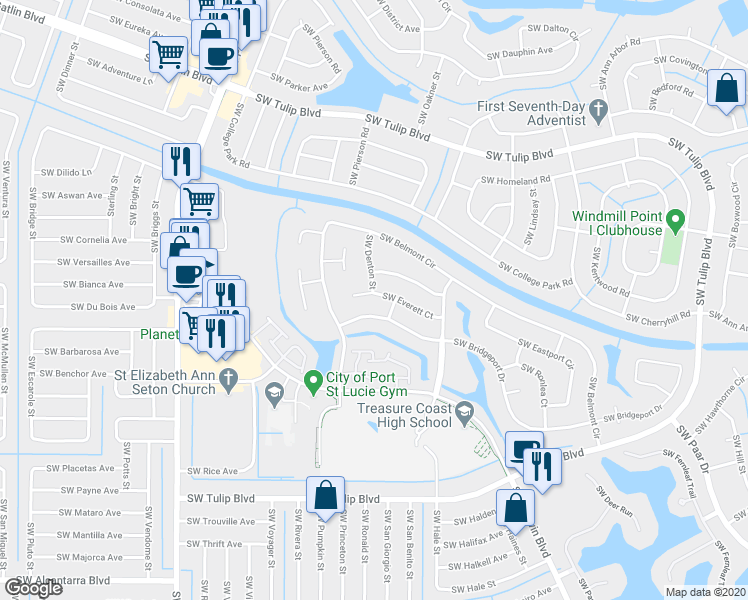 map of restaurants, bars, coffee shops, grocery stores, and more near 666 Southwest Everett Court in Port St. Lucie