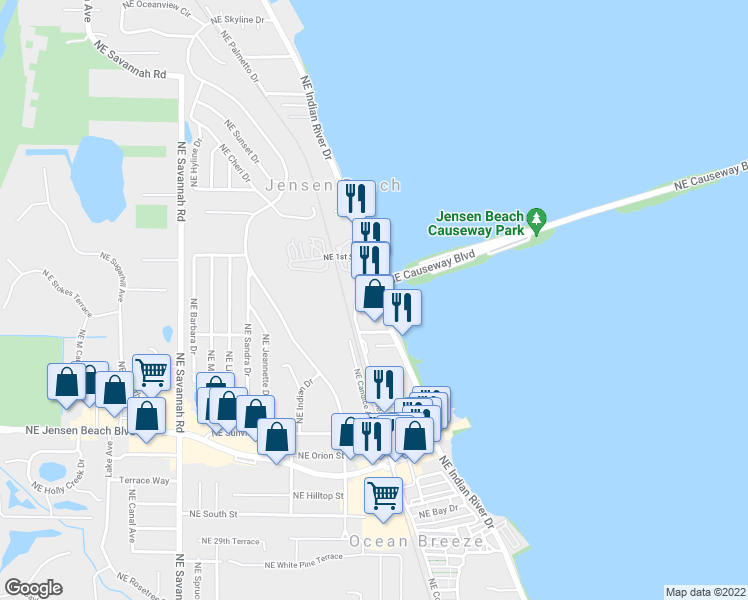 map of restaurants, bars, coffee shops, grocery stores, and more near 100 Northeast Pineapple Avenue in Jensen Beach