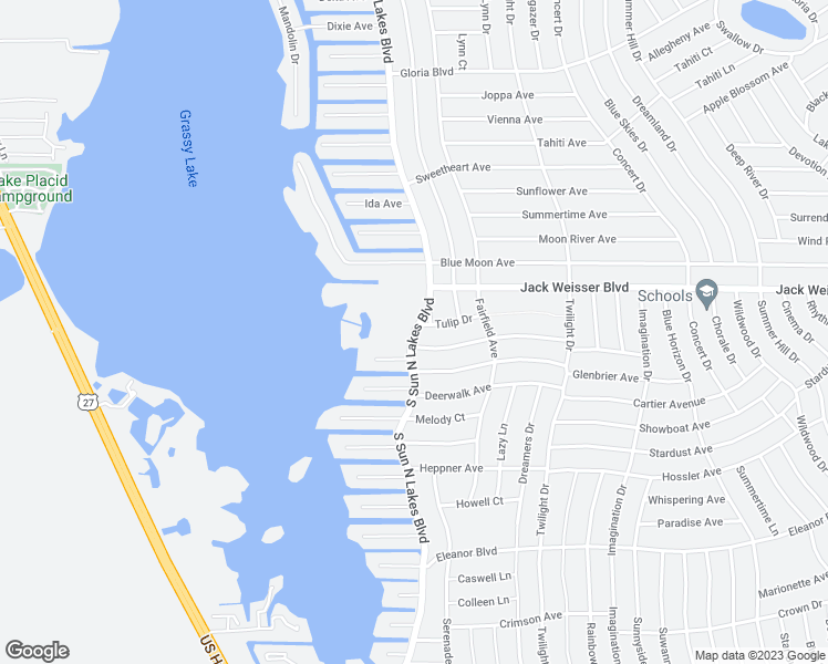 map of restaurants, bars, coffee shops, grocery stores, and more near Sun N Lakes Blvd in Lake Placid