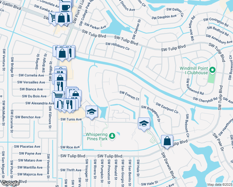 map of restaurants, bars, coffee shops, grocery stores, and more near 666 Southwest Everett Court in Port St. Lucie