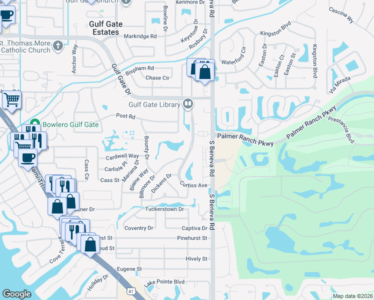 map of restaurants, bars, coffee shops, grocery stores, and more near 7316 Curtiss Avenue in Sarasota
