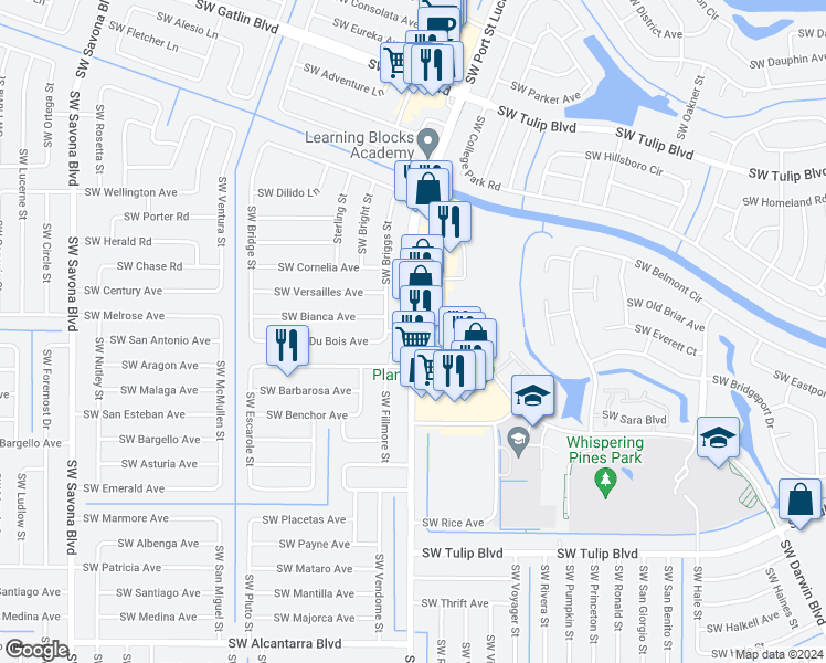 map of restaurants, bars, coffee shops, grocery stores, and more near SW Port St Lucie Blvd & SW Darwin Blvd in Port St. Lucie