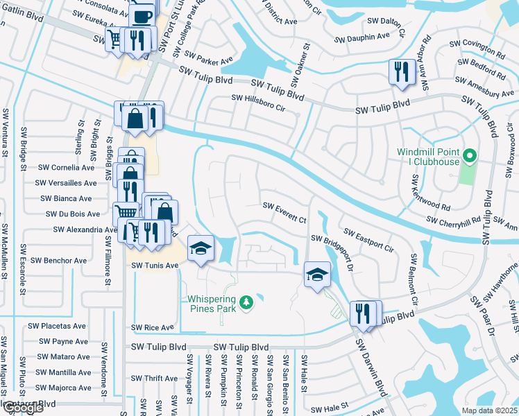 map of restaurants, bars, coffee shops, grocery stores, and more near 666 Southwest Everett Court in Port St. Lucie
