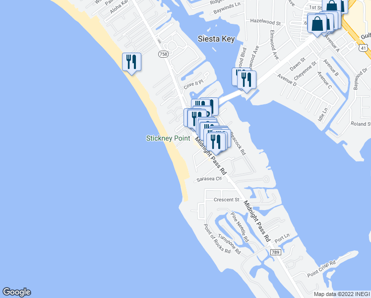 map of restaurants, bars, coffee shops, grocery stores, and more near 6500 Midnight Pass Road in Sarasota