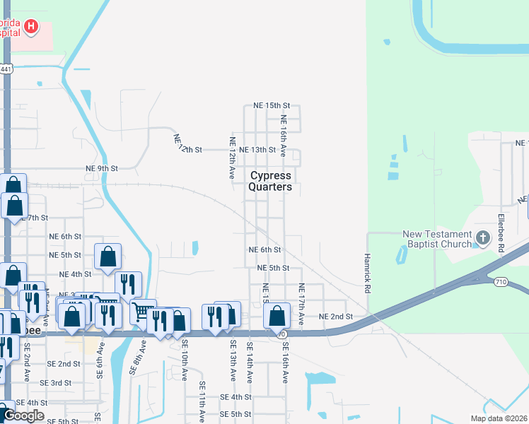 map of restaurants, bars, coffee shops, grocery stores, and more near 725 Northeast 15th Avenue in Okeechobee