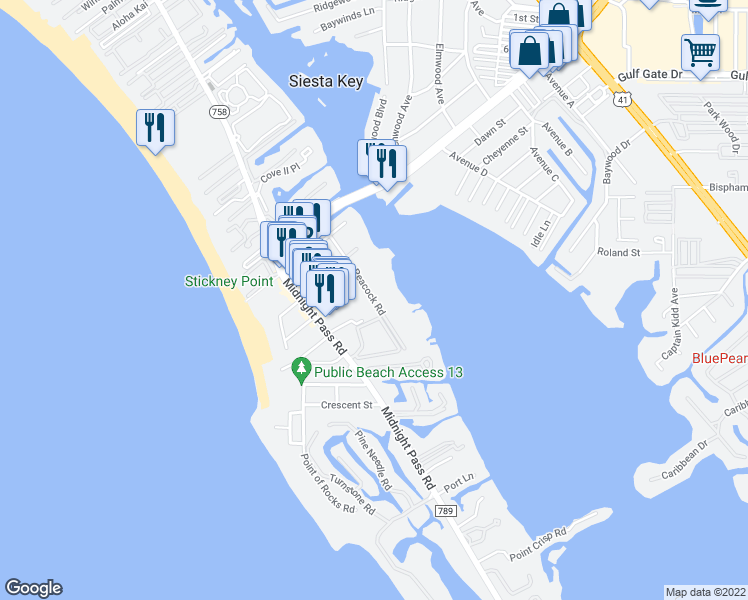 map of restaurants, bars, coffee shops, grocery stores, and more near 6675 Peacock Road in Sarasota