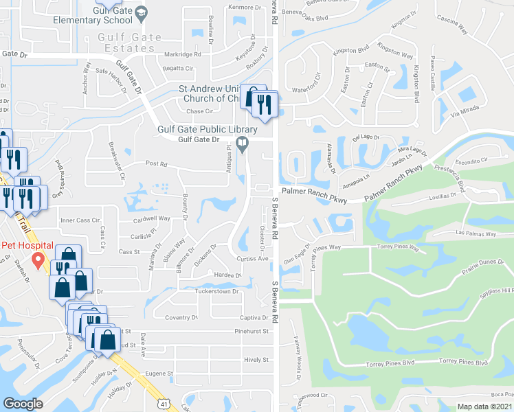map of restaurants, bars, coffee shops, grocery stores, and more near 7203 Curtiss Avenue in Sarasota