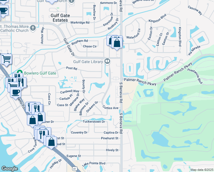 map of restaurants, bars, coffee shops, grocery stores, and more near 7316 Curtiss Avenue in Sarasota