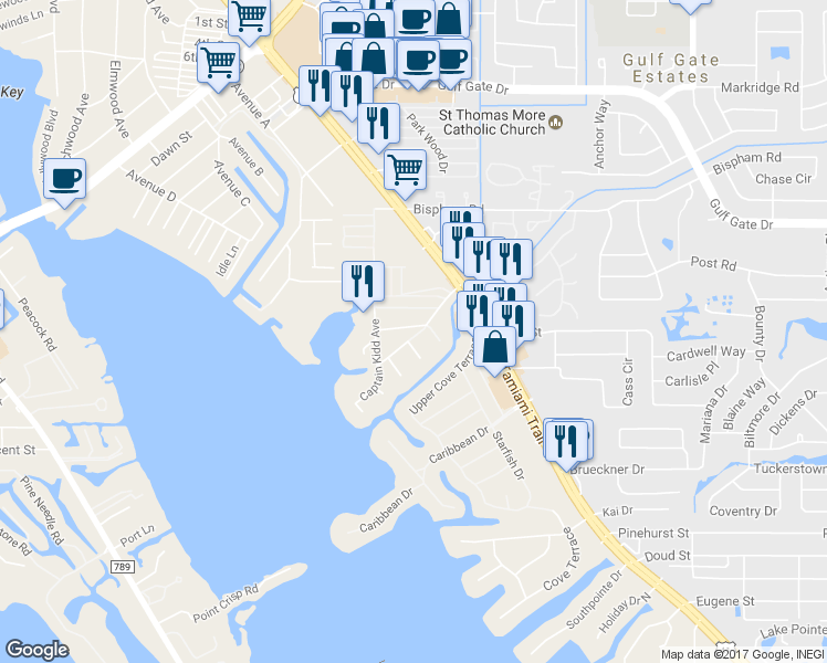 map of restaurants, bars, coffee shops, grocery stores, and more near 1838 Buccaneer Drive in Sarasota