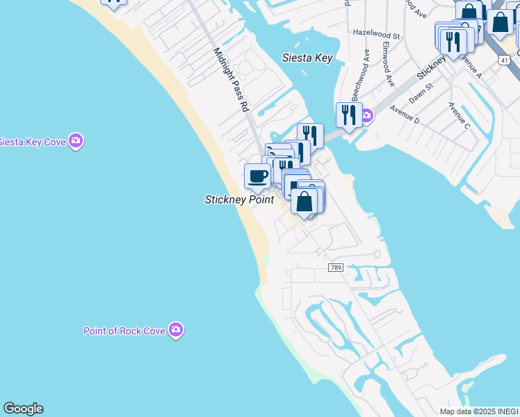 map of restaurants, bars, coffee shops, grocery stores, and more near 6500 Midnight Pass Road in Sarasota