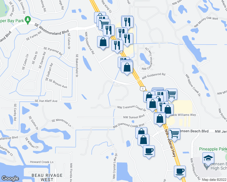 map of restaurants, bars, coffee shops, grocery stores, and more near 3592 Northwest Adriatic Lane in Jensen Beach