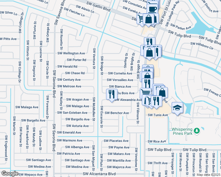 map of restaurants, bars, coffee shops, grocery stores, and more near 1102 Southwest Bianca Avenue in Port St. Lucie