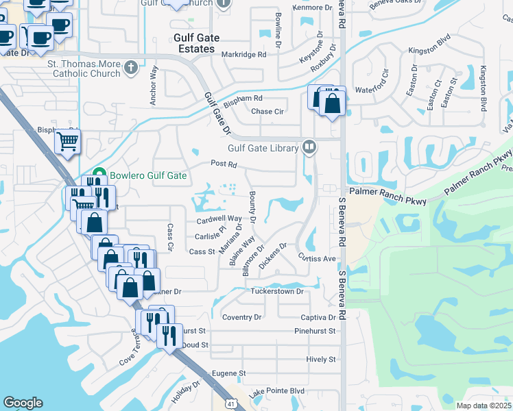 map of restaurants, bars, coffee shops, grocery stores, and more near 7315 Bounty Drive in Sarasota