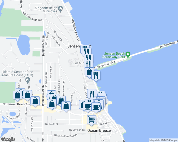 map of restaurants, bars, coffee shops, grocery stores, and more near 100 Northeast Pineapple Avenue in Jensen Beach
