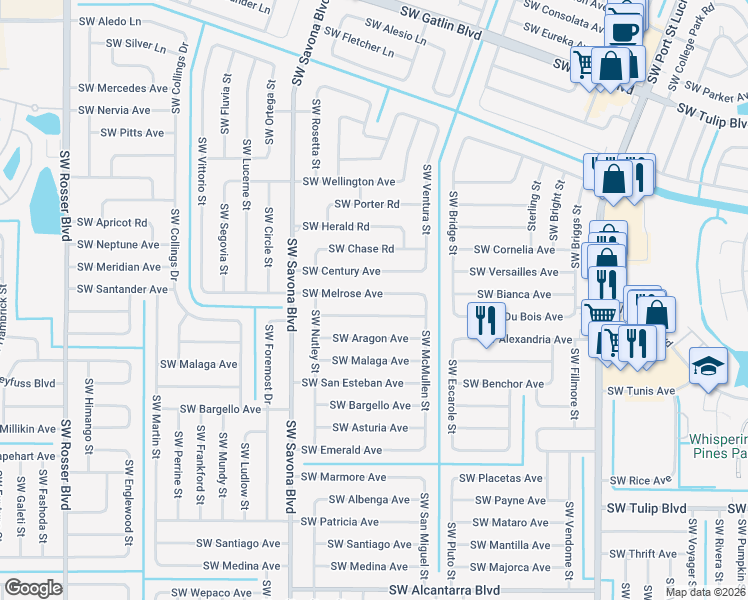 map of restaurants, bars, coffee shops, grocery stores, and more near 1266 Southwest Melrose Avenue in Port St. Lucie