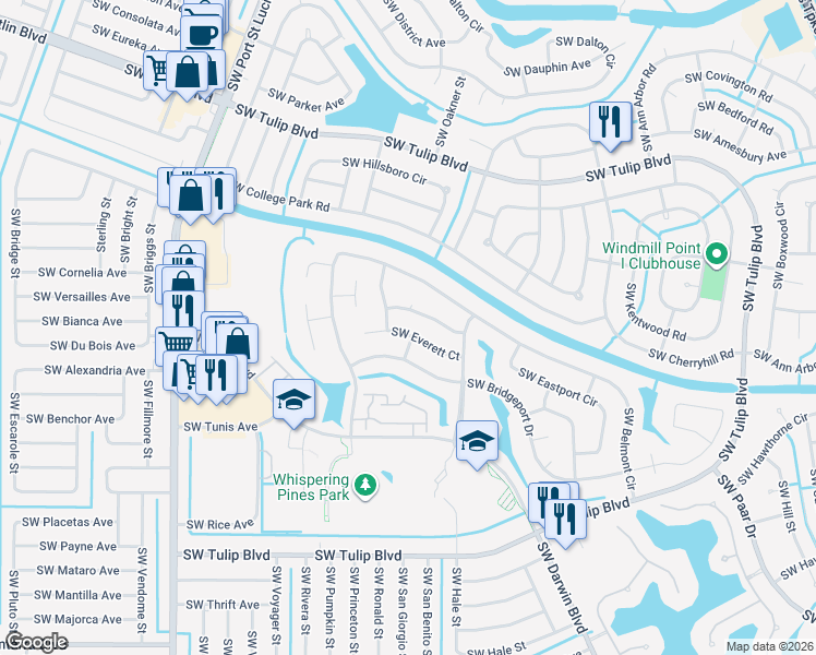 map of restaurants, bars, coffee shops, grocery stores, and more near 650 Southwest Old Briar Avenue in Port St. Lucie