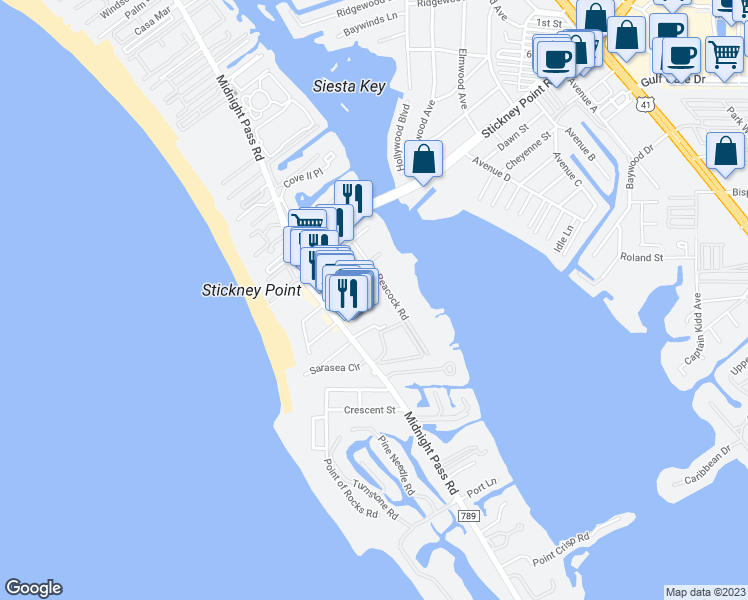 map of restaurants, bars, coffee shops, grocery stores, and more near 6630 Peacock Road in Sarasota