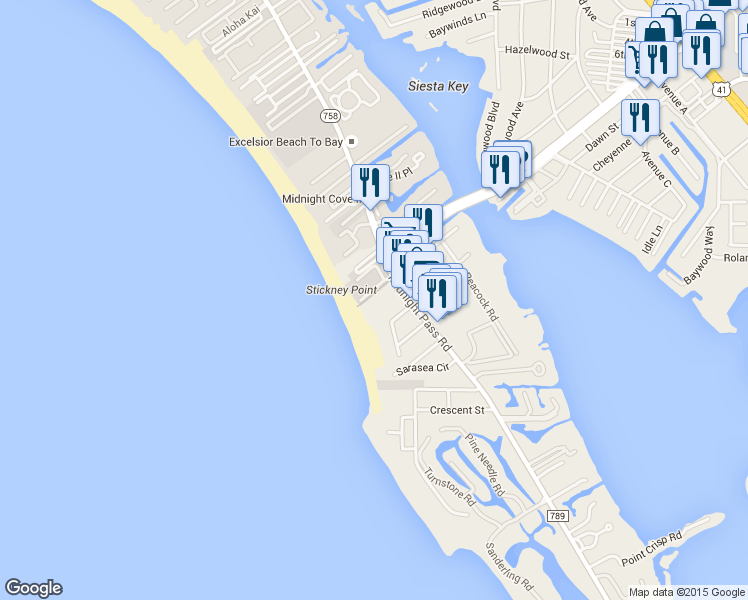 map of restaurants, bars, coffee shops, grocery stores, and more near 6500 Midnight Pass Road in Sarasota