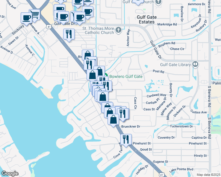map of restaurants, bars, coffee shops, grocery stores, and more near 2045 Cass Street in Sarasota