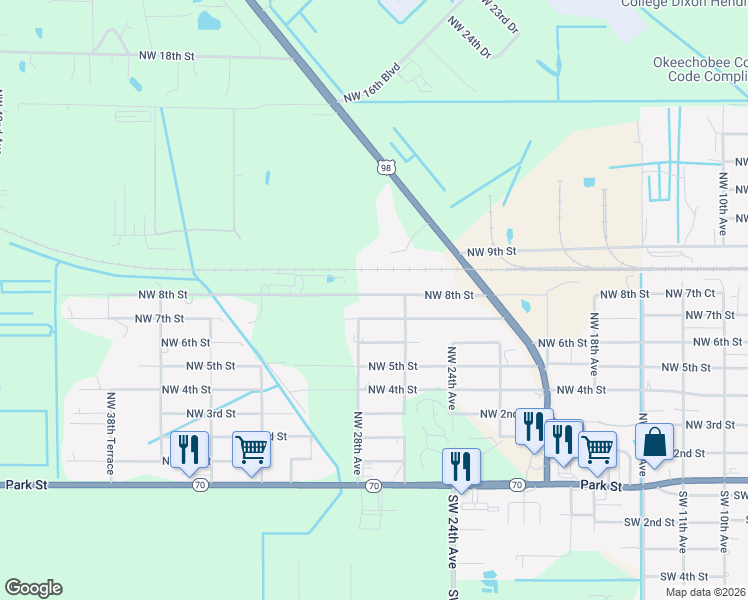 map of restaurants, bars, coffee shops, grocery stores, and more near 2702 Northwest 8th Street in Okeechobee