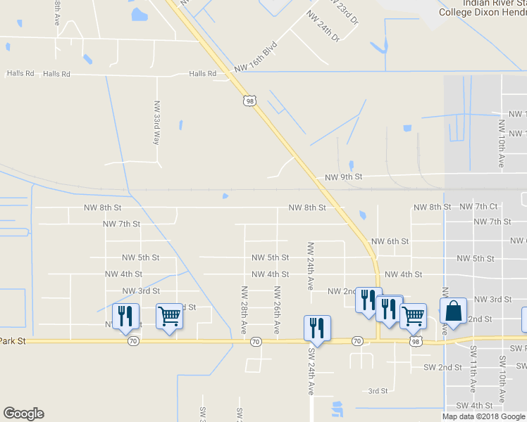 map of restaurants, bars, coffee shops, grocery stores, and more near 2702 Northwest 8th Street in Okeechobee