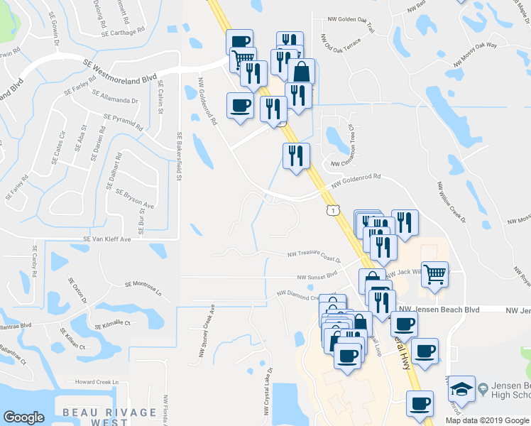 map of restaurants, bars, coffee shops, grocery stores, and more near 3817 Northwest Mediterranean Lane in Jensen Beach