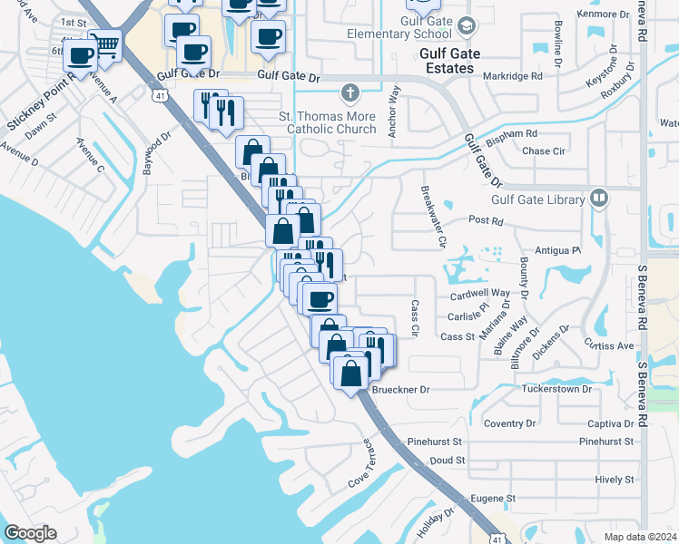 map of restaurants, bars, coffee shops, grocery stores, and more near 2045 Cass Street in Sarasota
