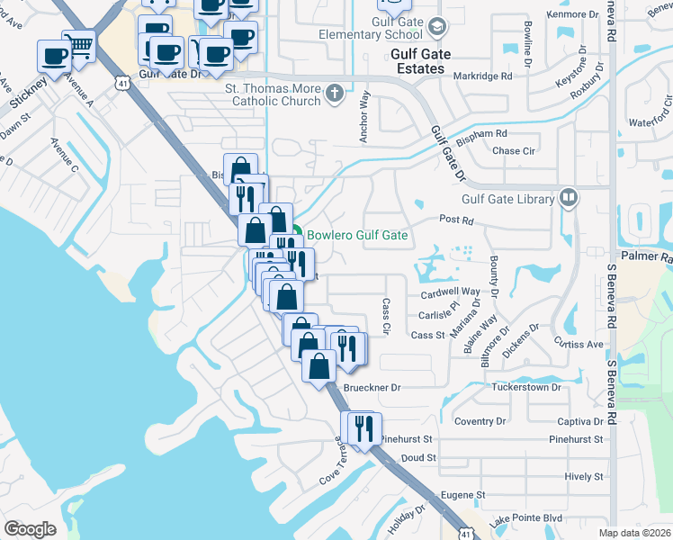 map of restaurants, bars, coffee shops, grocery stores, and more near 2111 Cass Street in Sarasota