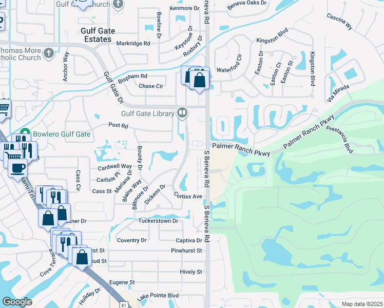 map of restaurants, bars, coffee shops, grocery stores, and more near 7203 Curtiss Avenue in Sarasota