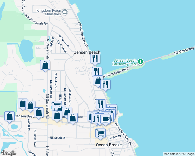 map of restaurants, bars, coffee shops, grocery stores, and more near 100 Northeast Pineapple Avenue in Jensen Beach