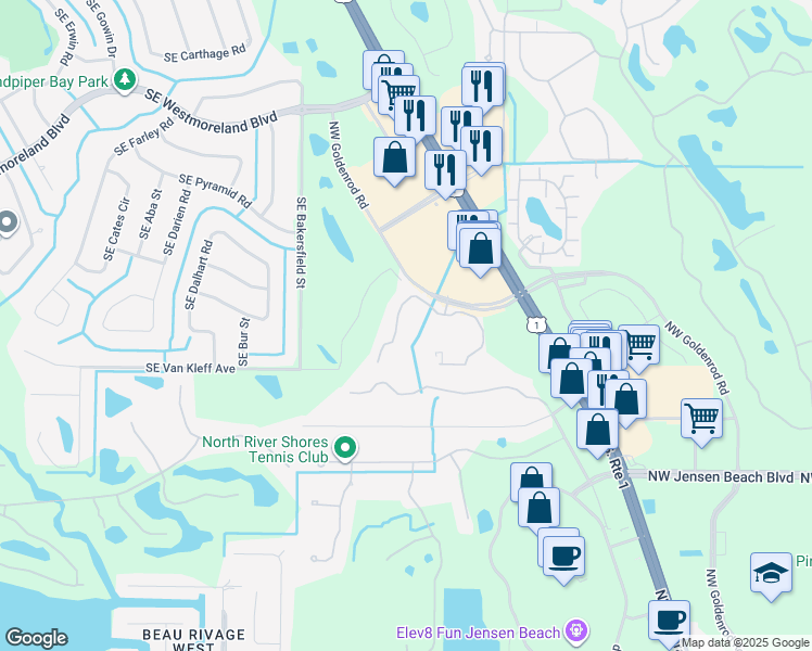 map of restaurants, bars, coffee shops, grocery stores, and more near 3669 Northwest Mediterranean Lane in Jensen Beach