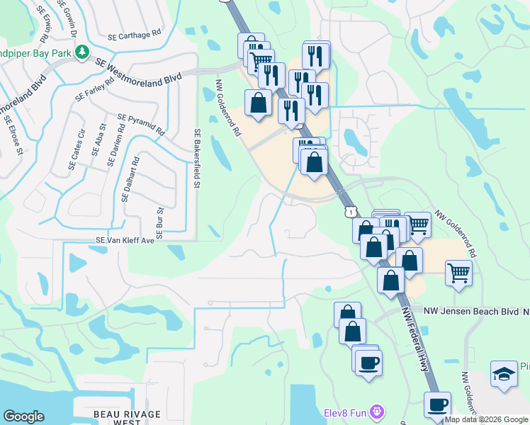 map of restaurants, bars, coffee shops, grocery stores, and more near 3669 Northwest Mediterranean Lane in Jensen Beach