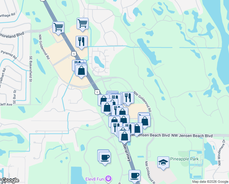 map of restaurants, bars, coffee shops, grocery stores, and more near 3614 Northwest Federal Highway in Jensen Beach